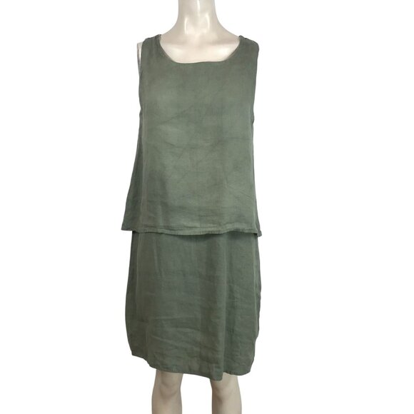 LUNGO L'ARNO - WOMEN'S SMALL - GREEN SLEEVELESS ROUND NECK LAYERED LINEN DRESS - Picture 1 of 7